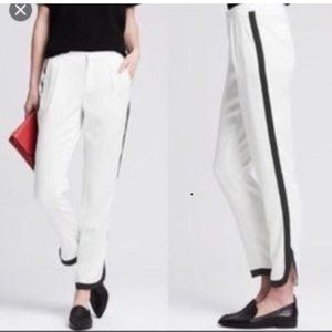 Banana Republic white slacks with black tuxedo side stripe